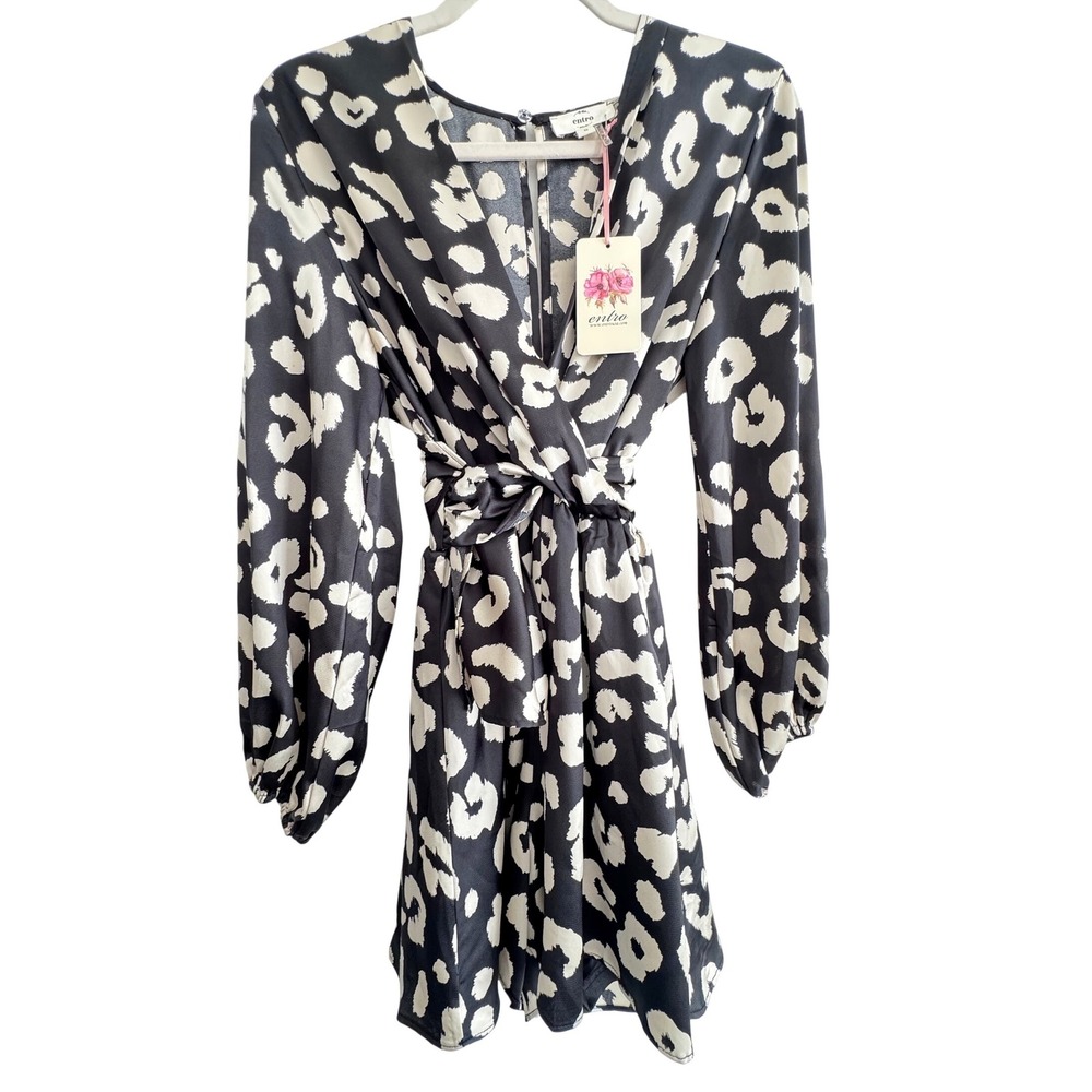 NWT Retro Animal Print Romper Size Small Black Cream Cinched Waist Bohemian Chic